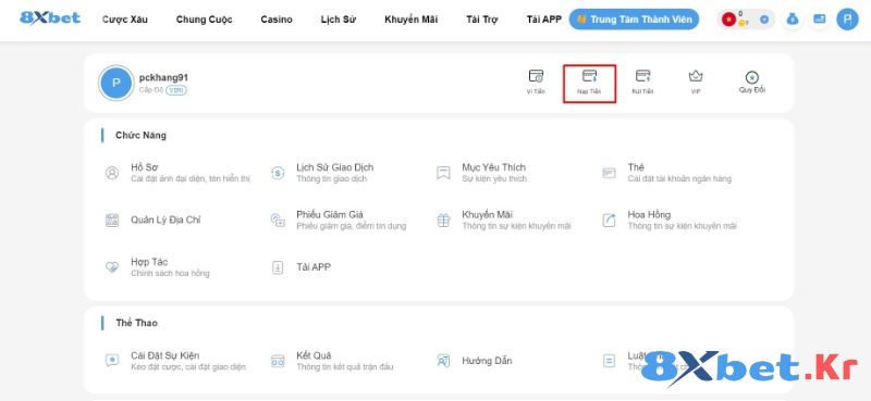 Nạp tiền vào 8Xbet